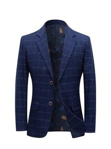 BRADLEY Men's Fashion Premium Quality Navy Blue & Black Plaid Style Blazer Suit Jacket - Divine Inspiration Styles