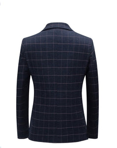 BRADLEY Men's Fashion Premium Quality Navy Blue & Black Plaid Style Blazer Suit Jacket - Divine Inspiration Styles