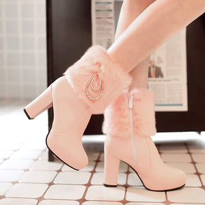 ROSALINE Design Women's Fashion Elegant Plush Fur Platform Rhinestone Shoes - Divine Inspiration Styles