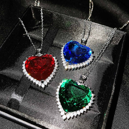 CHARLIN Women's Fashion Elegant Luxury Statement Blue Red & Green Cubic Zirconia Heart Necklace - Divine Inspiration Styles
