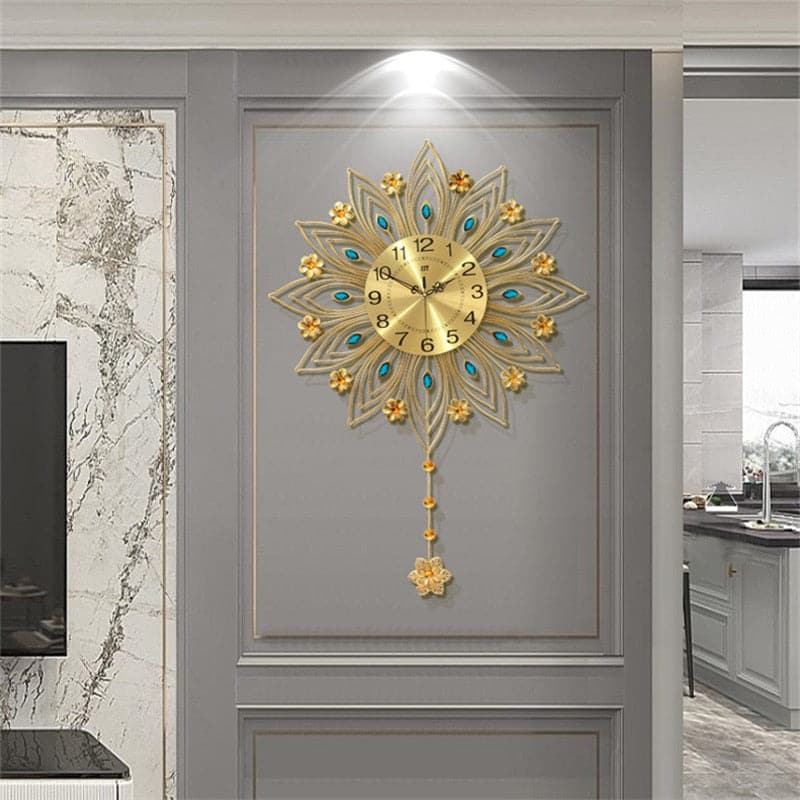 STARLIGHT Golden Blue & Silver Floral Star Creative Art Modern Design Wall Clock for Home Decorations - Divine Inspiration Styles
