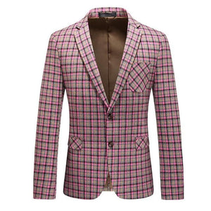 CGSUITS Men's Fashion Luxury Style Plaid Design Yellow Gold Pink Blazer Suit Jacket - Divine Inspiration Styles