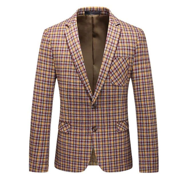 CGSUITS Men's Fashion Luxury Style Plaid Design Yellow Gold Pink Blazer Suit Jacket - Divine Inspiration Styles