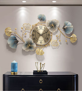 LEAFYFLOWER Golden Blue Floral Creative Art Modern Design Wall Clock for Home or Office Decorations - Divine Inspiration Styles
