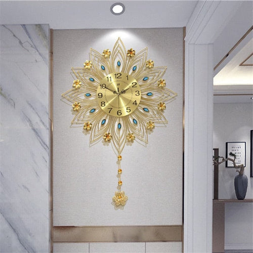 STARLIGHT Golden Blue & Silver Floral Star Creative Art Modern Design Wall Clock for Home Decorations - Divine Inspiration Styles