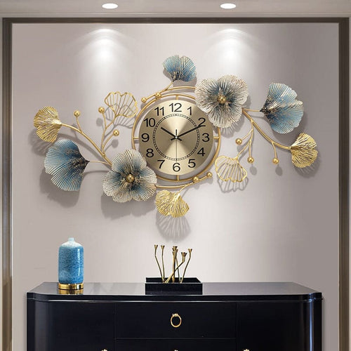 LEAFYFLOWER Golden Blue Floral Creative Art Modern Design Wall Clock for Home or Office Decorations - Divine Inspiration Styles