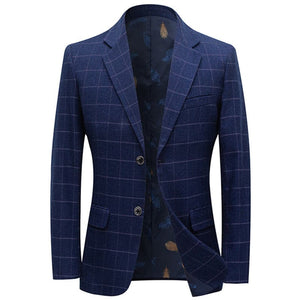 BRADLEY Men's Fashion Premium Quality Navy Blue & Black Plaid Style Blazer Suit Jacket - Divine Inspiration Styles