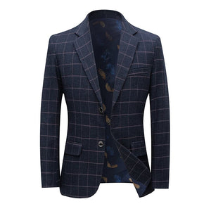 BRADLEY Men's Fashion Premium Quality Navy Blue & Black Plaid Style Blazer Suit Jacket - Divine Inspiration Styles