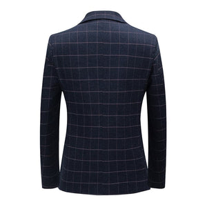 BRADLEY Men's Fashion Premium Quality Navy Blue & Black Plaid Style Blazer Suit Jacket - Divine Inspiration Styles
