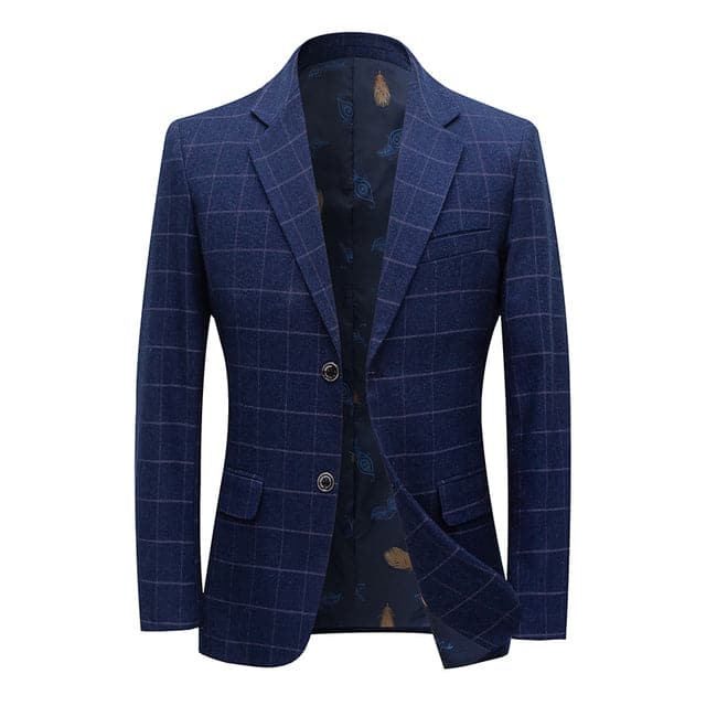 BRADLEY Men's Fashion Premium Quality Navy Blue & Black Plaid Style Blazer Suit Jacket - Divine Inspiration Styles