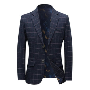 BRADLEY Men's Fashion Premium Quality Navy Blue & Black Plaid Style Blazer Suit Jacket - Divine Inspiration Styles