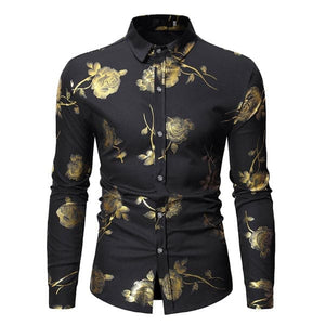 PARKLEES Men's Fashion Premium Quality Golden Rose Floral Embellished Dress Shirt - Divine Inspiration Styles