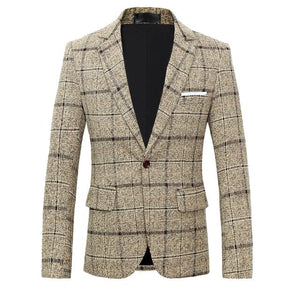 BRADLEY Men's Fashion Premium Quality Navy Blue Gray & Khaki Brown Plaid Style Blazer Suit Jacket - Divine Inspiration Styles