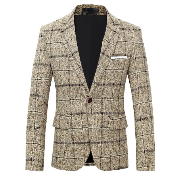 BRADLEY Men's Fashion Premium Quality Navy Blue Gray & Khaki Plaid Style Blazer Suit Jacket - Divine Inspiration Styles