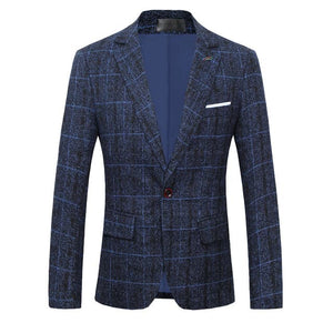 BRADLEY Men's Fashion Premium Quality Navy Blue Gray & Khaki Brown Plaid Style Blazer Suit Jacket - Divine Inspiration Styles