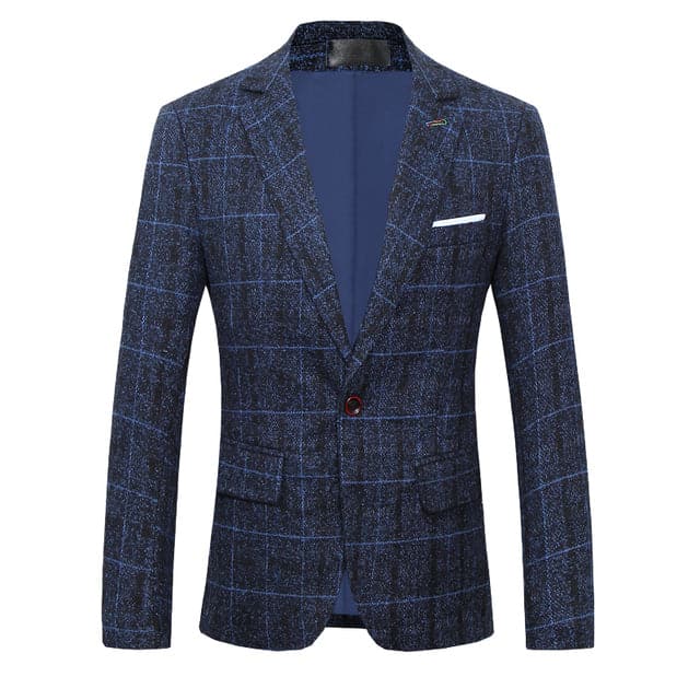 BRADLEY Men's Fashion Premium Quality Navy Blue Gray & Khaki Brown Plaid Style Blazer Suit Jacket - Divine Inspiration Styles