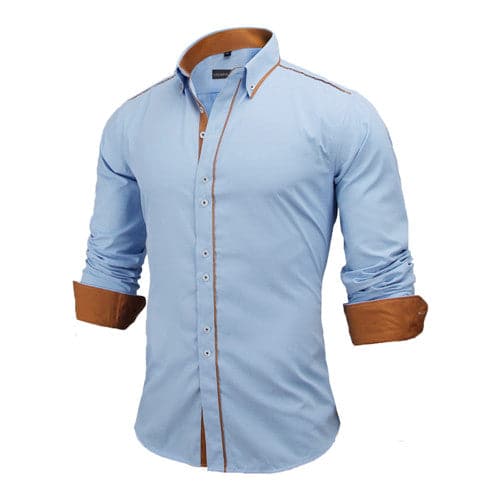 men's casual long sleeve dress shirt reviews VISADA Men's Business Casual Fashion Premium Quality 3/4 Long Sleeves Dress Shirt Sky Blue/Brown / L