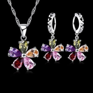 JEMMIN Women's Fine Fashion 5-Petal Floral Colorful Crystal Pendant Jewelry Set - Divine Inspiration Styles