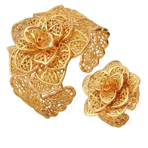 U7 Women's Vintage Flower Fashion Bangle Bracelet & Ring Jewelry Set - Divine Inspiration Styles