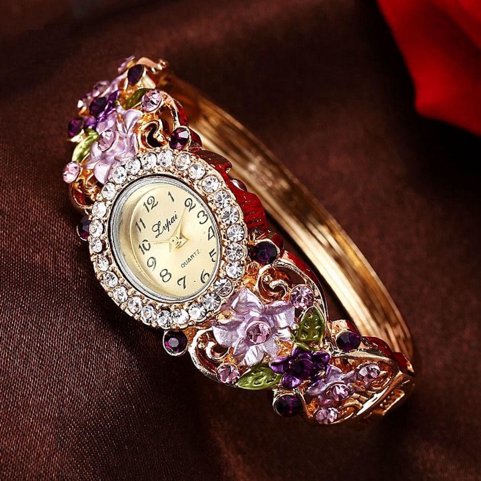 LVPAI Women's Luxury Purple Gold Pink & Blue Vintage Floral Crystal Bracelet Watch - Divine Inspiration Styles
