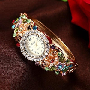 LVPAI Women's Luxury Purple Gold Pink & Blue Vintage Floral Crystal Bracelet Watch - Divine Inspiration Styles