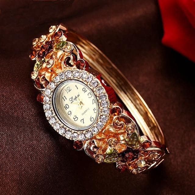 Luxury Gold Crystal Floral Bracelet Watch - Gold BelleVogue Vintage Floral Bracelet Watch – Antique Gold  main image 2