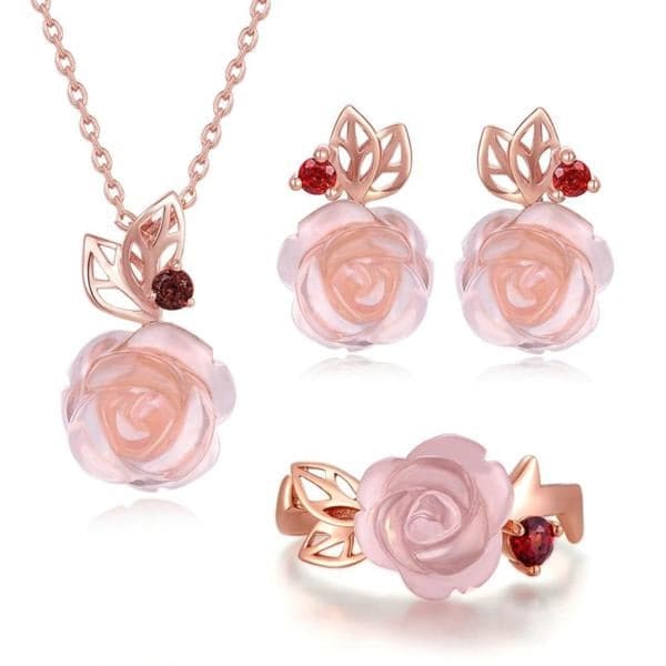 LAMOON Women's Genuine Flower Rose Natural Pink Rose Quartz Jewelry Set - Divine Inspiration Styles