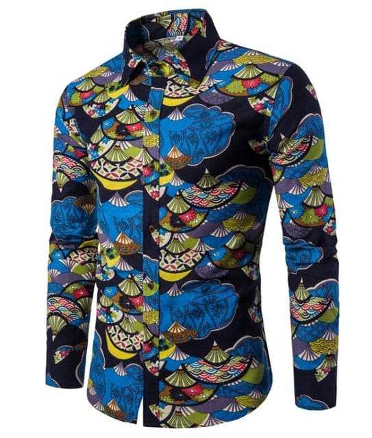 men's long sleeve hawaiian dress shirts T-BIRD Men's Fashion Premium Quality Long Sleeves Multi Color Blue Yellow & Green Mural Art Hawaiian Dress Shirt CS1 Blue, Yellow & Green Mural / XL