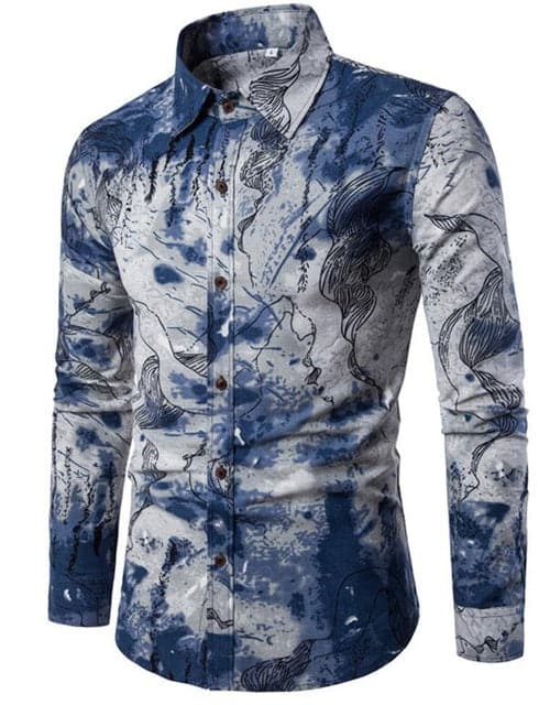 T-BIRD Men's Fashion Premium Quality Long Sleeves Multi Color Navy Blue & Gray Abstract Art Hawaiian Dress Shirt CS3 Navy Blue & Gray Abstract / 2XL