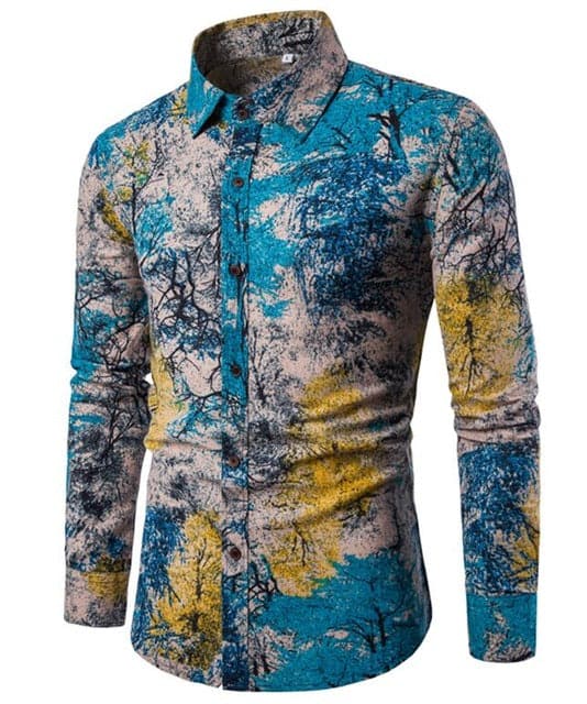 T-BIRD Men's Fashion Premium Quality Long Sleeves Multi Color Lake Blue & Golden Yellow Abstract Art Hawaiian Dress Shirt CS6 Lake Blue & Golden