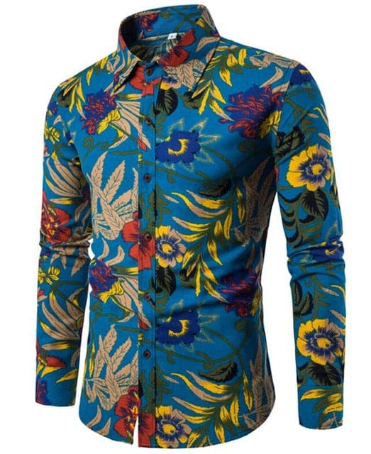 T-BIRD Men's Fashion Premium Quality Long Sleeves Multi Color Blue Red & Yellow Floral Hawaiian Dress Shirt CS13 Blue, Red & Yellow Floral / XL
