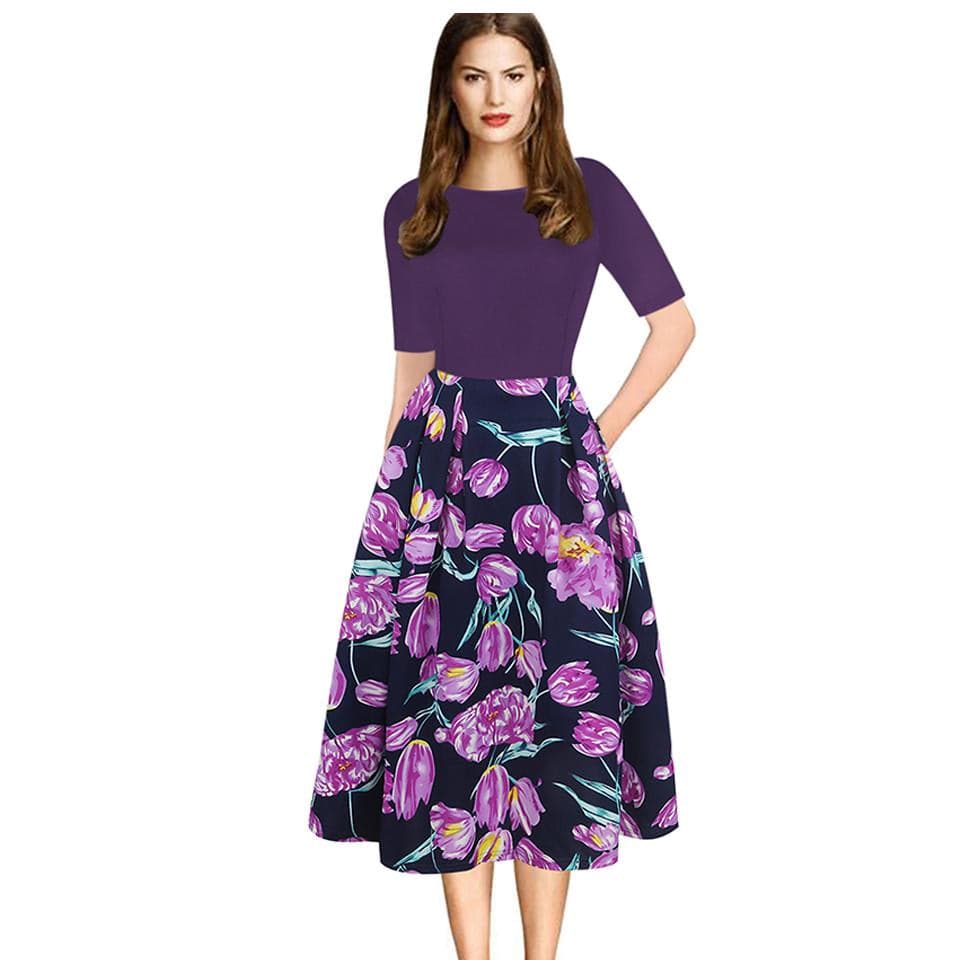 OXI Women's Fashion Elegant Purple Floral Print Contrast Patchwork Dress - Divine Inspiration Styles