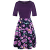 OXI Women's Fashion Elegant Purple Floral Print Contrast Patchwork Dress - Divine Inspiration Styles