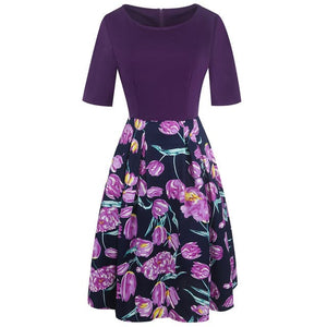 OXI Women's Fashion Elegant Purple Floral Print Contrast Patchwork Dress - Divine Inspiration Styles