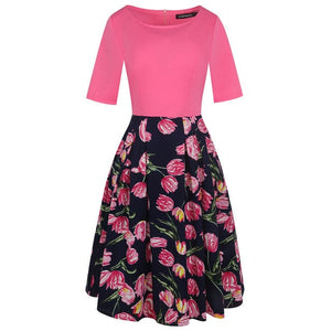 OXI Women's Fashion Elegant Purple Floral Print Contrast Patchwork Dress - Divine Inspiration Styles