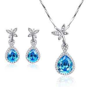 JQUEEN Women's Genuine Natural Blue Topaz & White Crystal 2PCS Jewelry Set - Divine Inspiration Styles