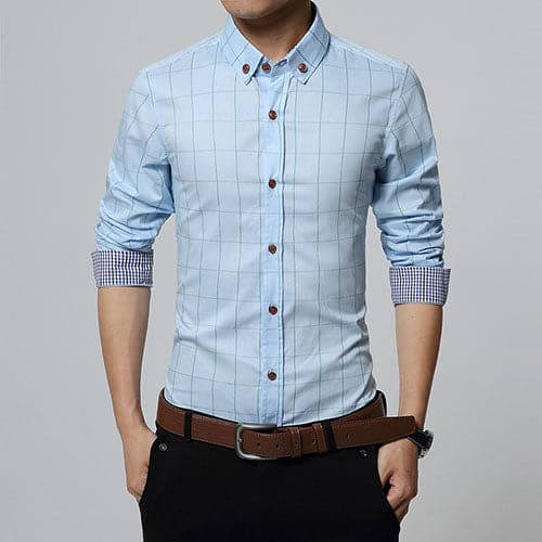 LANGBEEYAR Men's Business Casual Fashion 3/4 Long Sleeves Plaid Dress Shirt - Divine Inspiration Styles