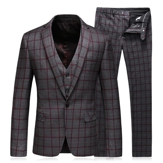 TQSUITS Men's Premium Quality Jacket Vest & Pants 3 Piece Formal Wear Gray & Red Plaid Suit Set - Divine Inspiration Styles