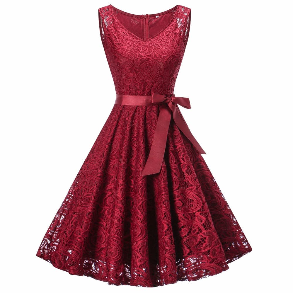 LIONESS FASHION Women's Elegant Vintage V-Neck Belted Lace Burgundy Red Dress Burgundy Red / L