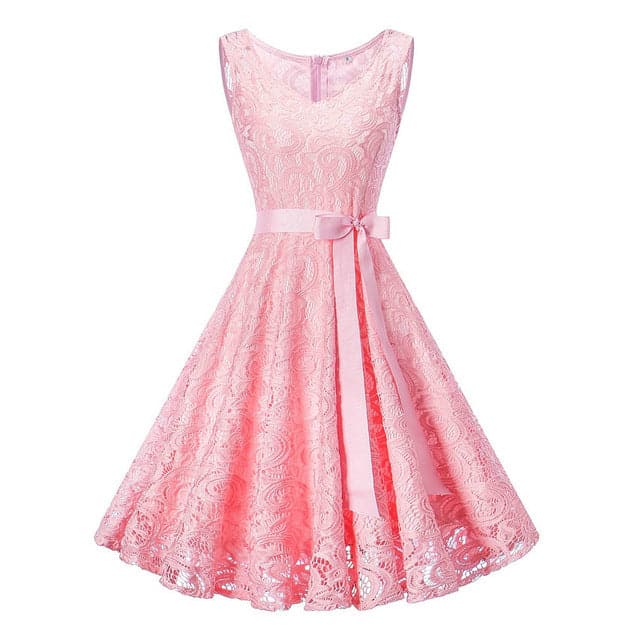 LIONESS FASHION Women's Elegant Vintage V-Neck Belted Lace Burgundy Red Dress Pink / M