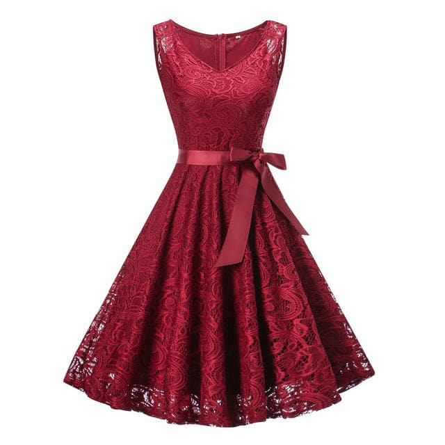 LIONESS FASHION Women's Elegant Vintage V-Neck Belted Lace Dress - Divine Inspiration Styles