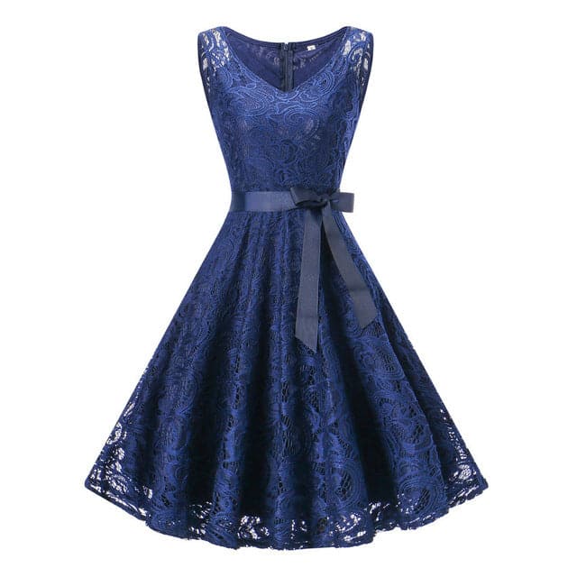 LIONESS FASHION Women's Elegant Vintage V-Neck Belted Lace Burgundy Red Dress Navy Blue / XL