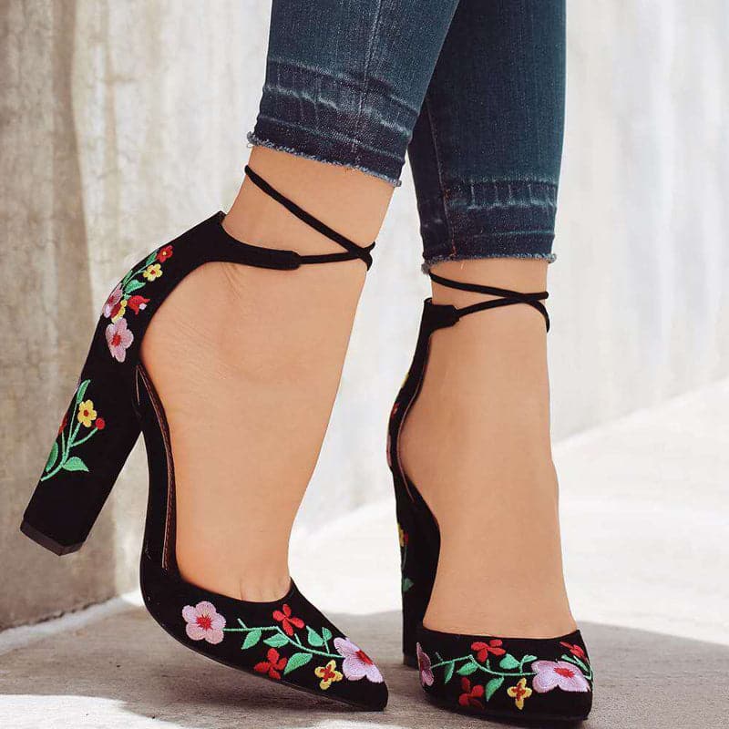 Women Floral Kitten High Heels Slip On Pointed Toe Office Dress Pump Shoes  Party | eBay
