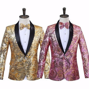 PYJTRL Men's Fashion Gold Pink Flower Sequin Fancy Palette Blazer Suit Jacket - Divine Inspiration Styles