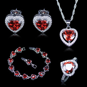 OLIVIA Women's Fine Fashion Red Heart Garnet & White CZ 4PCS Jewelry Set - Divine Inspiration Styles