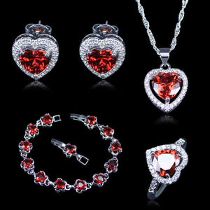OLIVIA Women's Fine Fashion Red Heart Garnet & White CZ 4PCS Jewelry Set - Divine Inspiration Styles