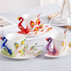 HTH Artistic Creative 3D Genuine Hand Crafted Porcelain Enamel Peacock Coffee/Tea Cup Set - Divine Inspiration Styles