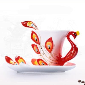 HTH Artistic Creative 3D Genuine Hand Crafted Porcelain Enamel Peacock Coffee/Tea Cup Set - Divine Inspiration Styles