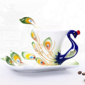 HTH Artistic Creative 3D Genuine Hand Crafted Porcelain Enamel Peacock Coffee/Tea Cup Set - Divine Inspiration Styles
