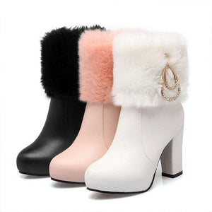 ROSALINE Design Women's Fashion Elegant Plush Fur Platform Rhinestone Shoes - Divine Inspiration Styles
